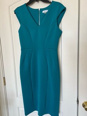 Calvin Klein Teal V-Neck Sheath Midi Dress